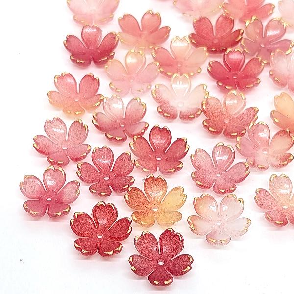 桜 ビーズ 18mm 約30個 アクリル製 レッド系 茜色 赤系 ゴールド