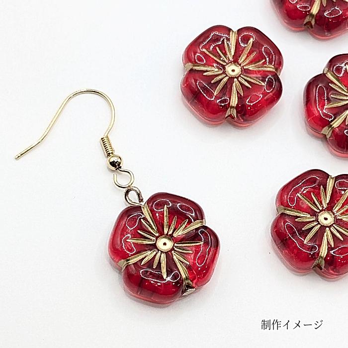 フラワービーズ アンティーク調 花 アクリルビーズ 20mm 6個 レッド
