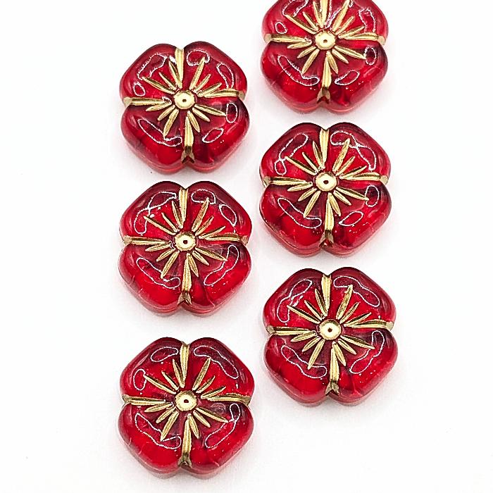 フラワービーズ アンティーク調 花 アクリルビーズ 20mm 6個 レッド