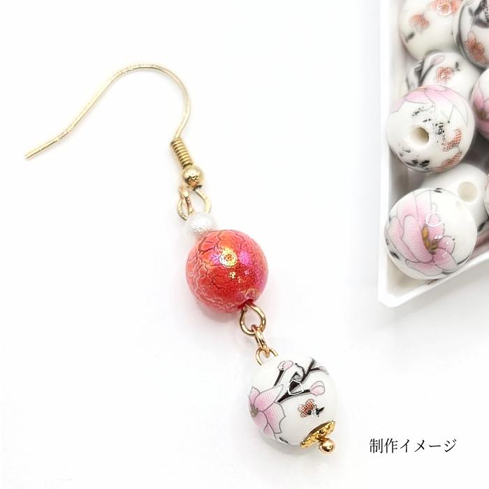 陶器 フラワービーズ 10mm 6個 ライトピンク フラワープリント