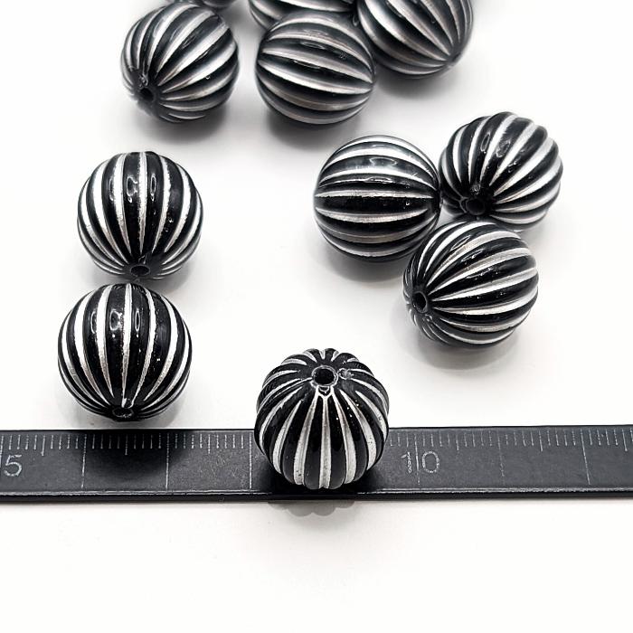 ビーズ ボールビーズ 16.5mm 4個 ブラック 黒 シルバー色 ストライプ