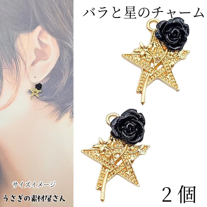 薔薇 星 チャーム 20mm 2個 黒バラ ローズ スター パーツ バラ 花