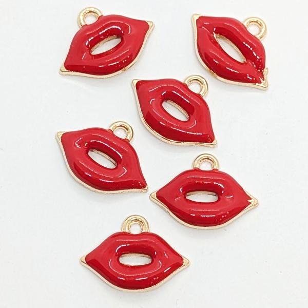 唇 チャーム 約10mm×18mm 6個 レッド 口紅 エナメルチャーム リップ