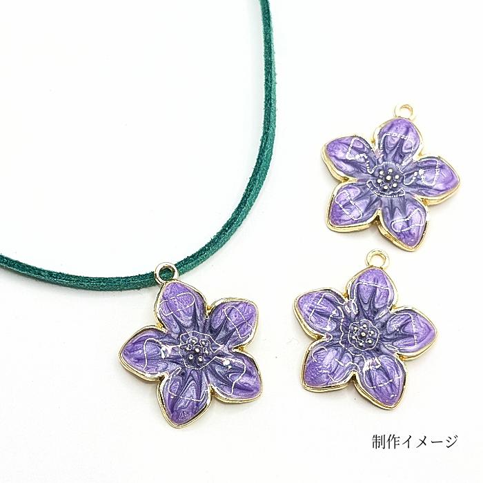 フラワー チャーム 24mm 4個 花 マーブル模様 パープル 紫色 エナメル