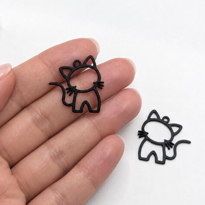 チャーム 猫 27×25mm 2個 ブラック 合金 スプレープリント フレーム