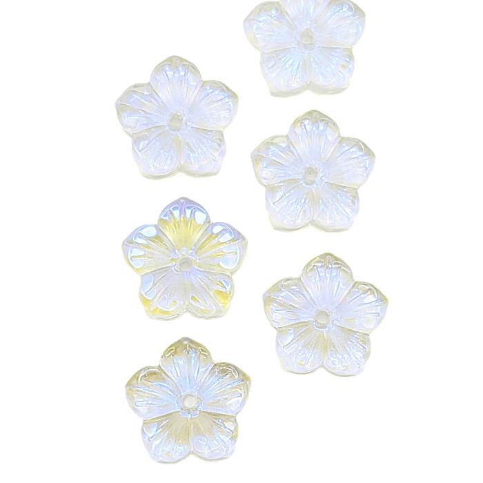 フラワー ガラスビーズ 12mm 6個 クリア ABカラー 花ビーズ 透明