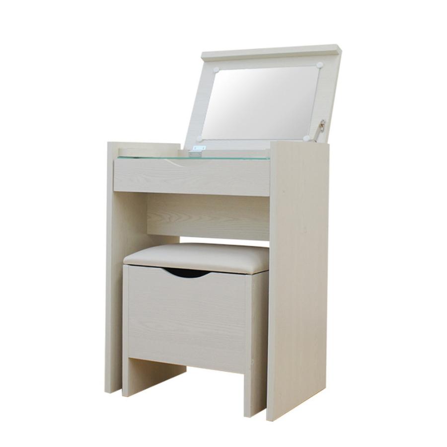 シンプル ドレッサーセット/化粧台・スツールセット 【木目ホワイト】 幅50cm ドレッサー スツール セット 幅50cm コンセント 木製 （ 鏡 ミラー