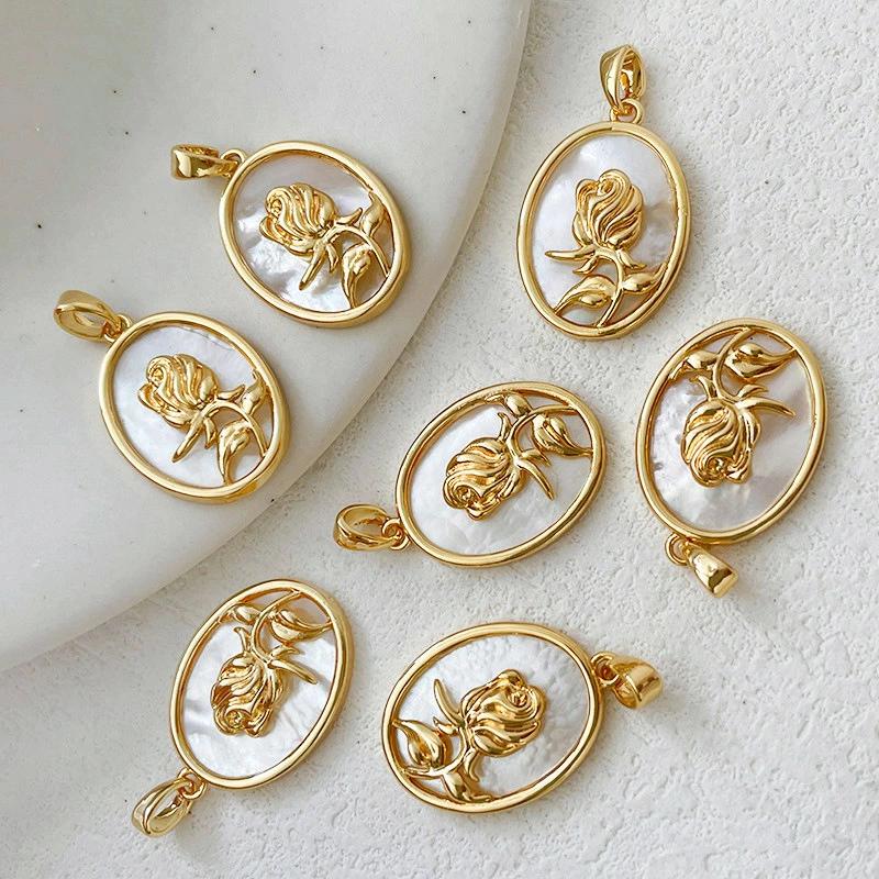 真鍮 楕円 ペンダント 天然シェル フラワーチャーム 18KGP 本金メッキ 約22×15mm 穴2×3.8mm アクセサリーパーツ ハンドメイド ネックレス素材 |  | 01