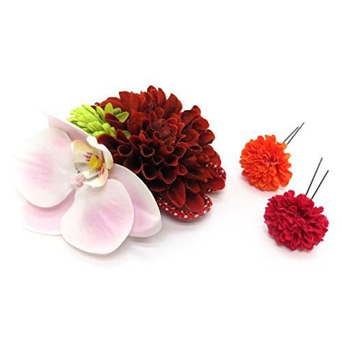 即納 最大半額 3点セット 赤ダリアに蘭 Spf1103 アートフラワー髪飾り 紗千花 和装に 花 髪飾り 京都室町st ヘアアクセサリー