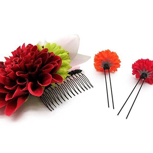 即納 最大半額 3点セット 赤ダリアに蘭 Spf1103 アートフラワー髪飾り 紗千花 和装に 花 髪飾り 京都室町st ヘアアクセサリー