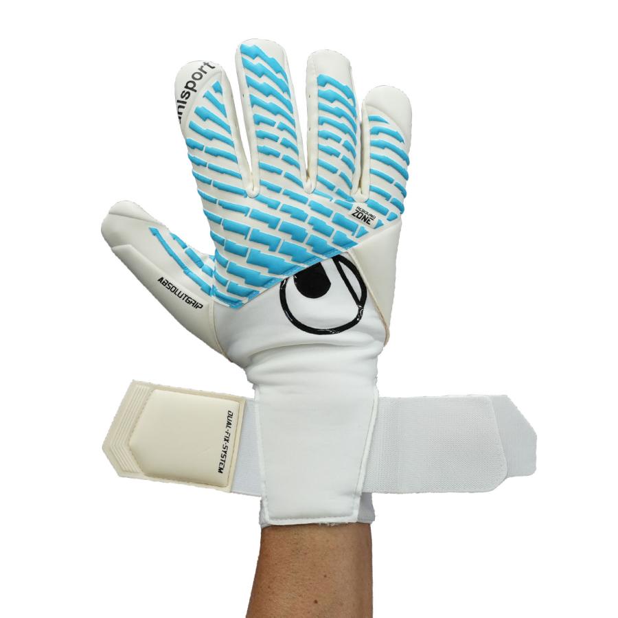 uhlsport公式 ウールシュポルト サイバーテック アブソルートグリップ ハーフネガティブ 7~11号 ホワイト サイバーブルー ブラック 1011379-01 キーパーグローブの画像