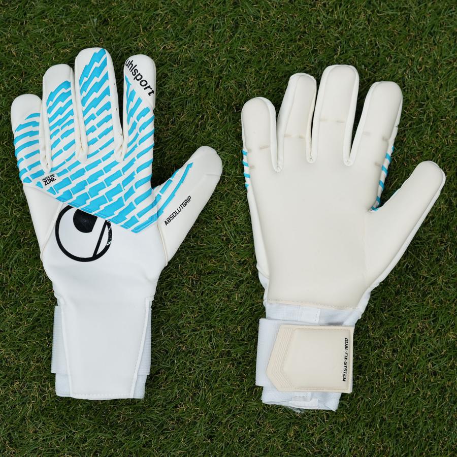 uhlsport公式 ウールシュポルト サイバーテック アブソルートグリップ ハーフネガティブ 7~11号 ホワイト サイバーブルー ブラック 1011379-01 キーパーグローブの画像