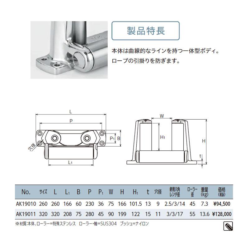 船舶艤装品 デッキエンドローラー サイズ260mm AK19010 ステンレス SUS