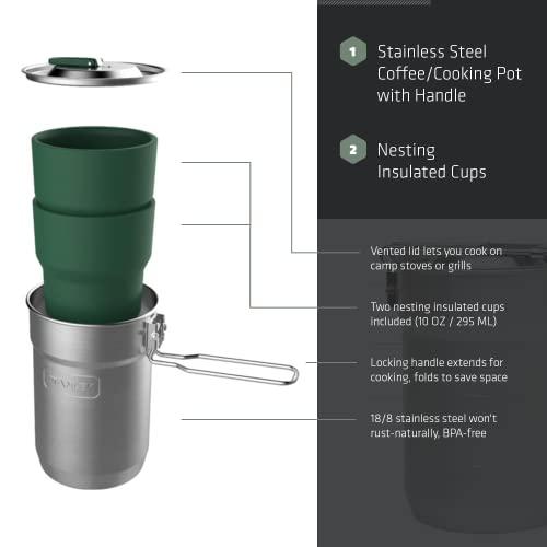 STANLEY ADVENTURE CAMP COOK SET - 24OZ KETTLE WITH 2 CERAMIC CUPS - STAINLESS STEEL CAMPING COOKWARE WITH VENTED LIDS & FOLDABLE + LOCKING HANDLE | STANLEY | 02