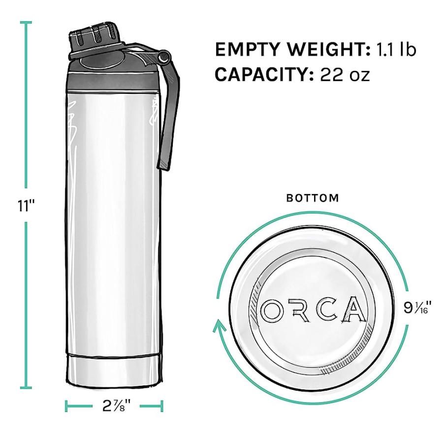 ORCA HYDRA 22 OZ. 18/8 STAINLESS STEEL INSULATED WATER BOTTLE, SCREW TOP SPORTS BOTTLE, POWDER COATED, WITH SILICONE GRIP WHALE TALE HANDLE, TOP | LES CREATIONS | 03