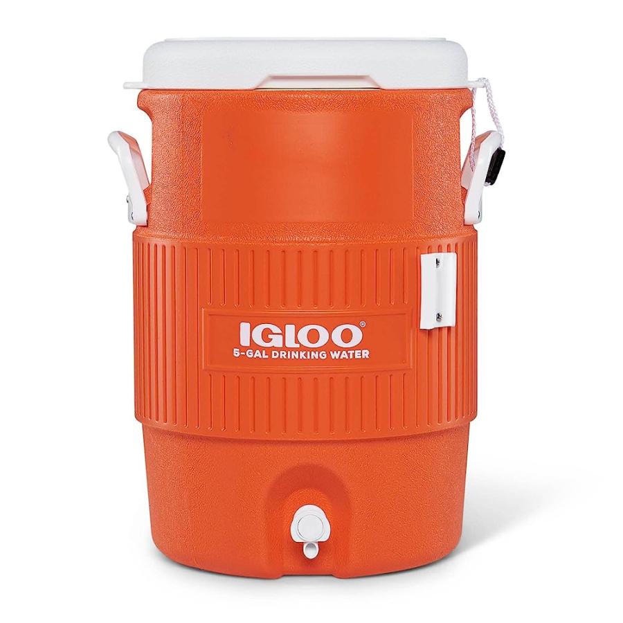IGLOO 5 GALLON PORTABLE SPORTS COOLER WATER BEVERAGE DISPENSER WITH FLAT SEAT LID, BRIGHT ORANGE | igloo