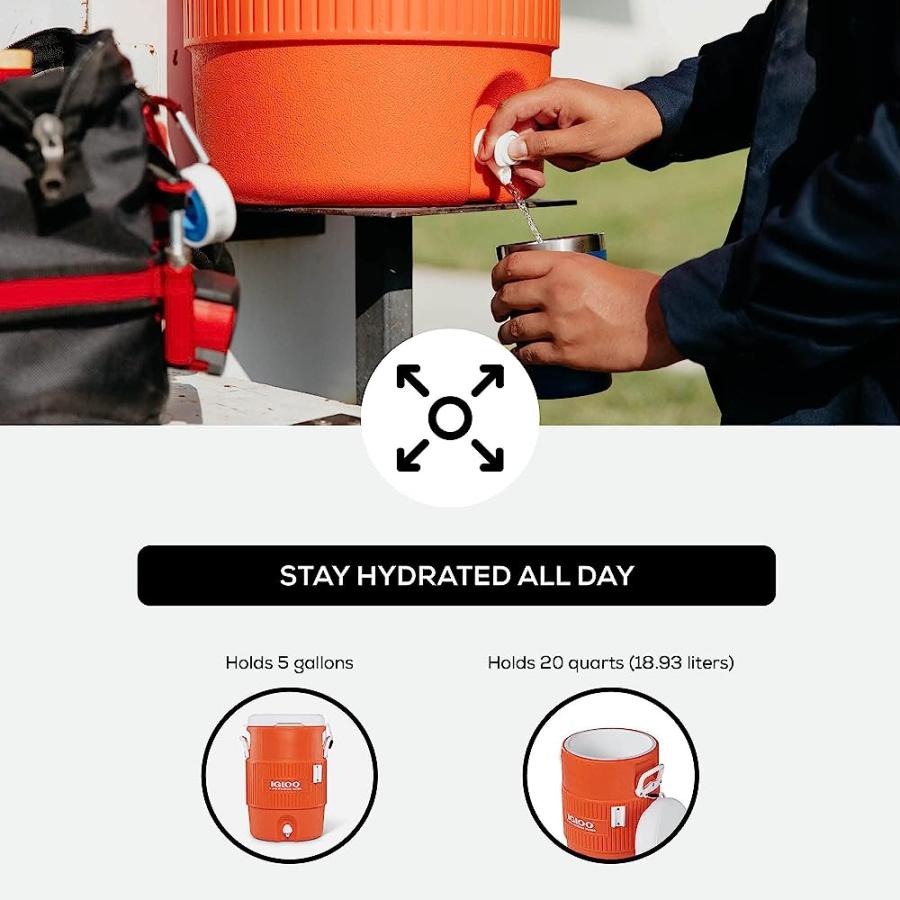 IGLOO 5 GALLON PORTABLE SPORTS COOLER WATER BEVERAGE DISPENSER WITH FLAT SEAT LID, BRIGHT ORANGE | igloo | 02