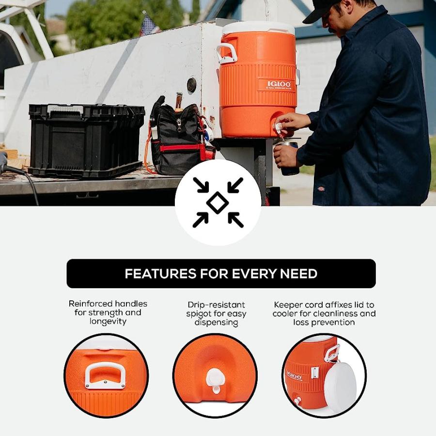 IGLOO 5 GALLON PORTABLE SPORTS COOLER WATER BEVERAGE DISPENSER WITH FLAT SEAT LID, BRIGHT ORANGE | igloo | 03