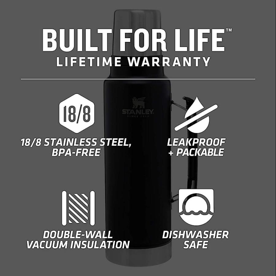 STANLEY CLASSIC VACUUMINSULATEDWIDE MOUTHBOTTLE, MATTE BLACK- BPA-FREE 18/8 STAINLESS STEELTHERMOSFOR COLD & HOTBEVERAGESKEEPS LIQUID HOT OR COLD | STANLEY | 03