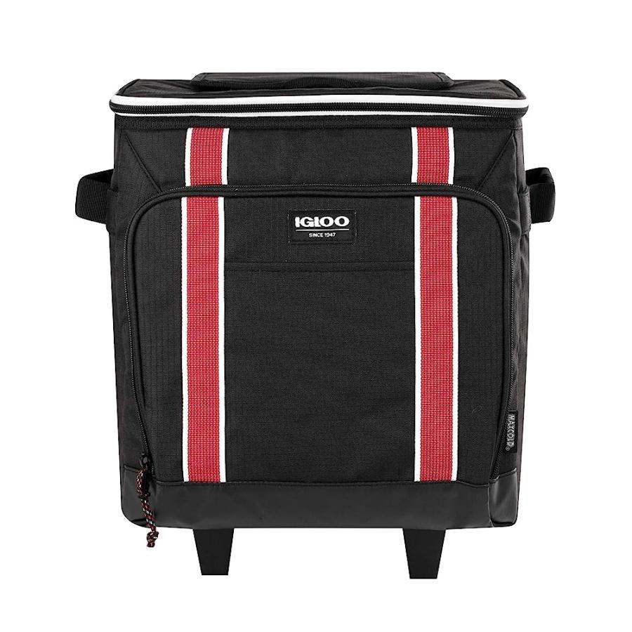IGLOO 40 CAN LARGE PORTABLE INSULATED SOFT COOLER WITH ROLLING WHEELS, BLACK/RED | igloo