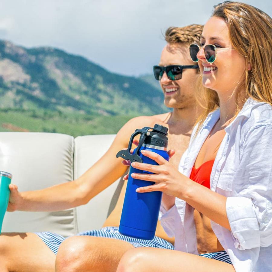 ORCA HYDRA 34 OZ. 18/8 STAINLESS STEEL INSULATED WATER BOTTLE, SCREW TOP SPORTS BOTTLE, POWDER COATED, WITH SILICONE GRIP WHALE TALE HANDLE, TOP | LES CREATIONS | 04