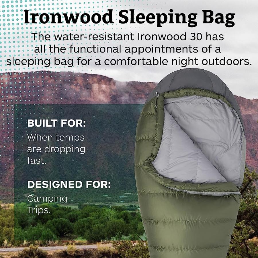 MARMOT IRONWOOD MUMMY SLEEPING BAG | DOWN-FILLED, LIGHTWEIGHT, 30-DEGREE RATING, BOMBER GREEN/STEEL ONYX, LONG | Marmot | 01