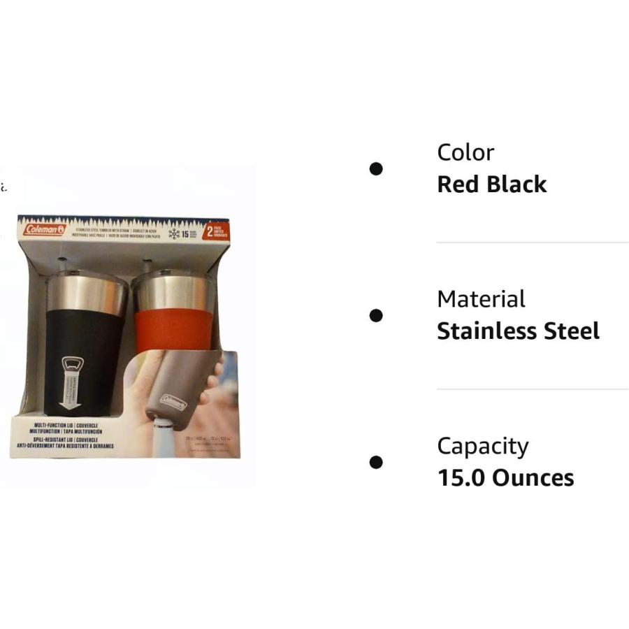 Coleman Stainless Steel Tumbler with Straw, 15 Hours, 2 Pack, Multi-Function Lid, Spill-Resistant Lid, Bottle Opener | Coleman | 02