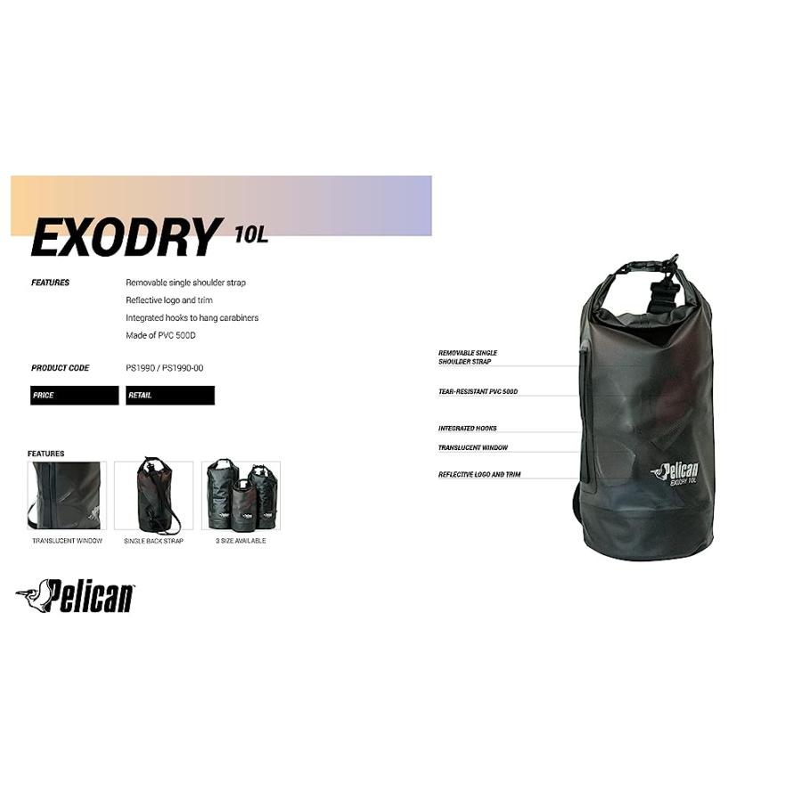 PELICAN EXODRY 10L SMALL DRYBAG BLACK WATERPROOF SHOULDER STRAP THICK & LIGHTWEIGHT ROLL TOP DRY COMPRESSION KEEPS GEAR DRY FOR KAYAKING, BEACH, | PELICAN PRODUCTS | 08