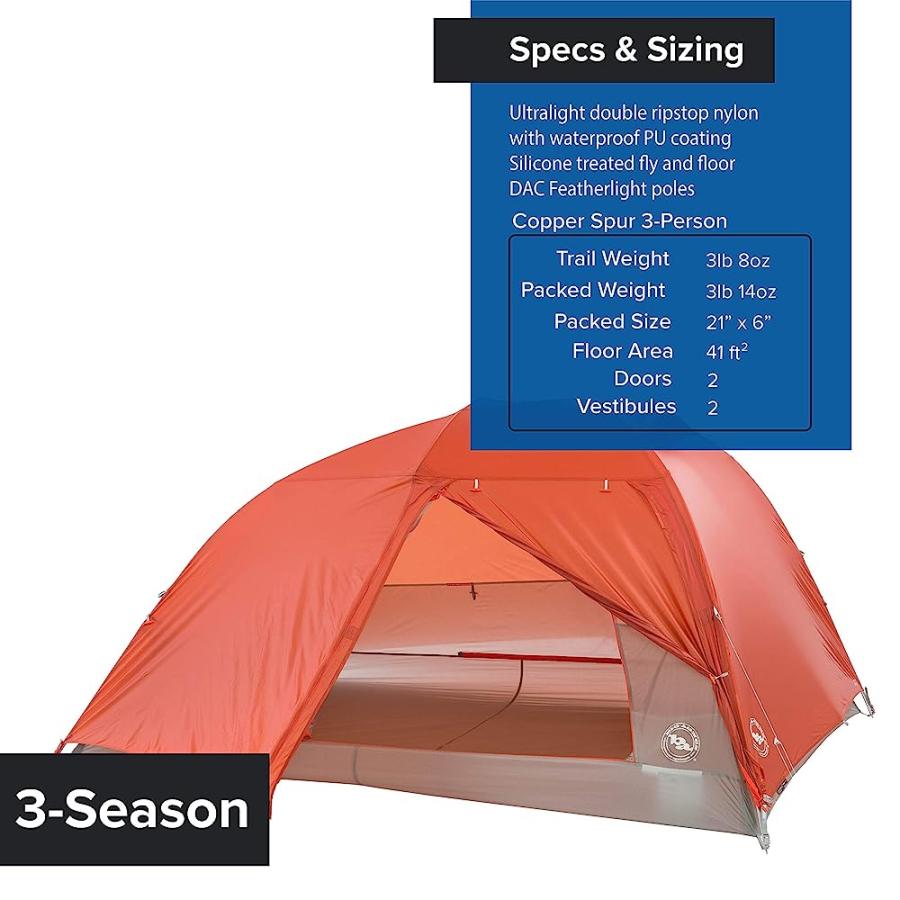 BIG AGNES COPPER SPUR HV UL BACKPACKING TENT, 3 PERSON (ORANGE) | BIG AGNES | 03