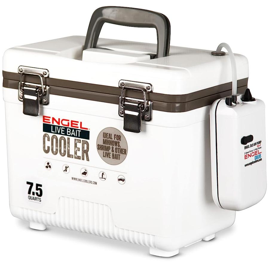 ENGEL 7.5QT LIVE BAIT COOLER BOX WITH 2ND GEN 2-SPEED PORTABLE AERATOR PUMP. FISHING BAIT STATION AND MINNOW BUCKET FOR SHRIMP, MINNOWS, AND OTHE |  | 02