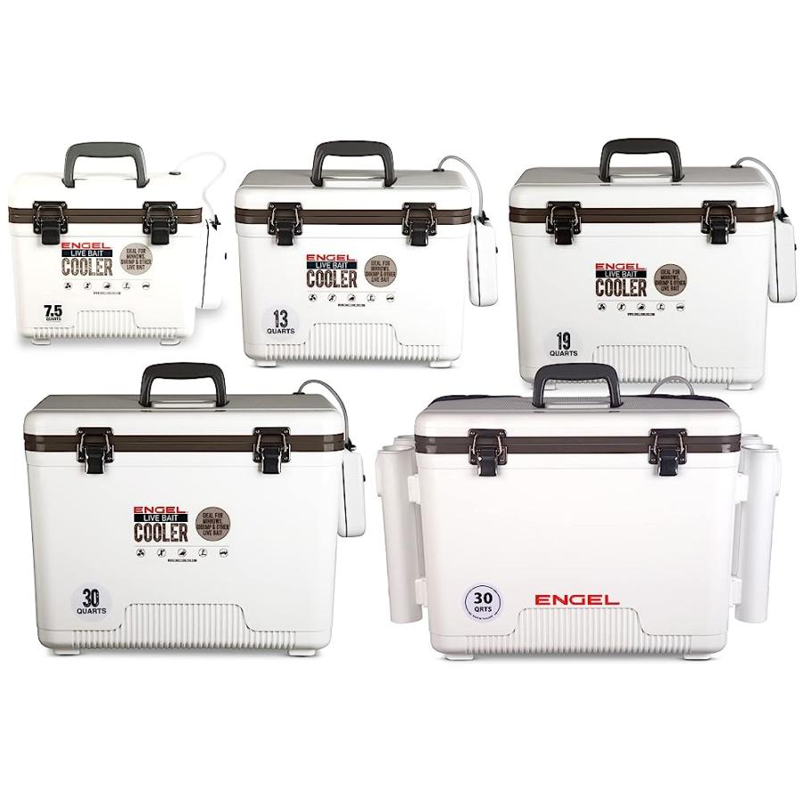ENGEL 7.5QT LIVE BAIT COOLER BOX WITH 2ND GEN 2-SPEED PORTABLE AERATOR PUMP. FISHING BAIT STATION AND MINNOW BUCKET FOR SHRIMP, MINNOWS, AND OTHE |  | 06