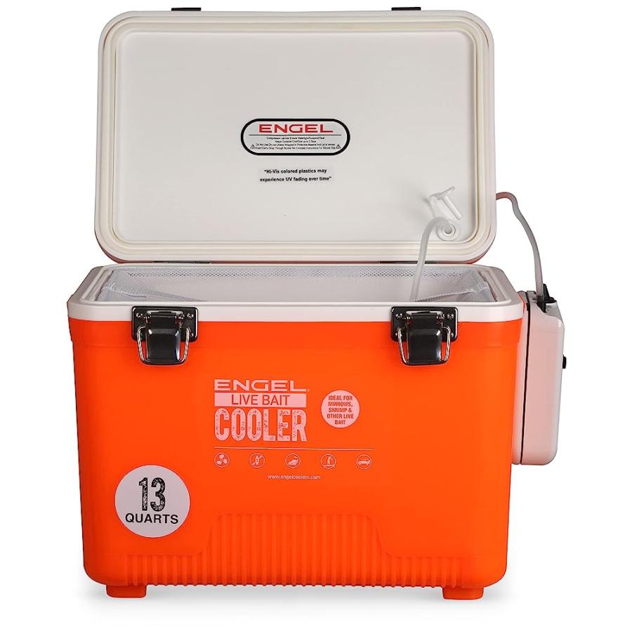 ENGEL ENGLBC13-N-OHV 13QT LIVE BAIT COOLER WITH 2ND GENERATION 2X2 PORTABLE AERATOR PUMP ORANGE |  | 01