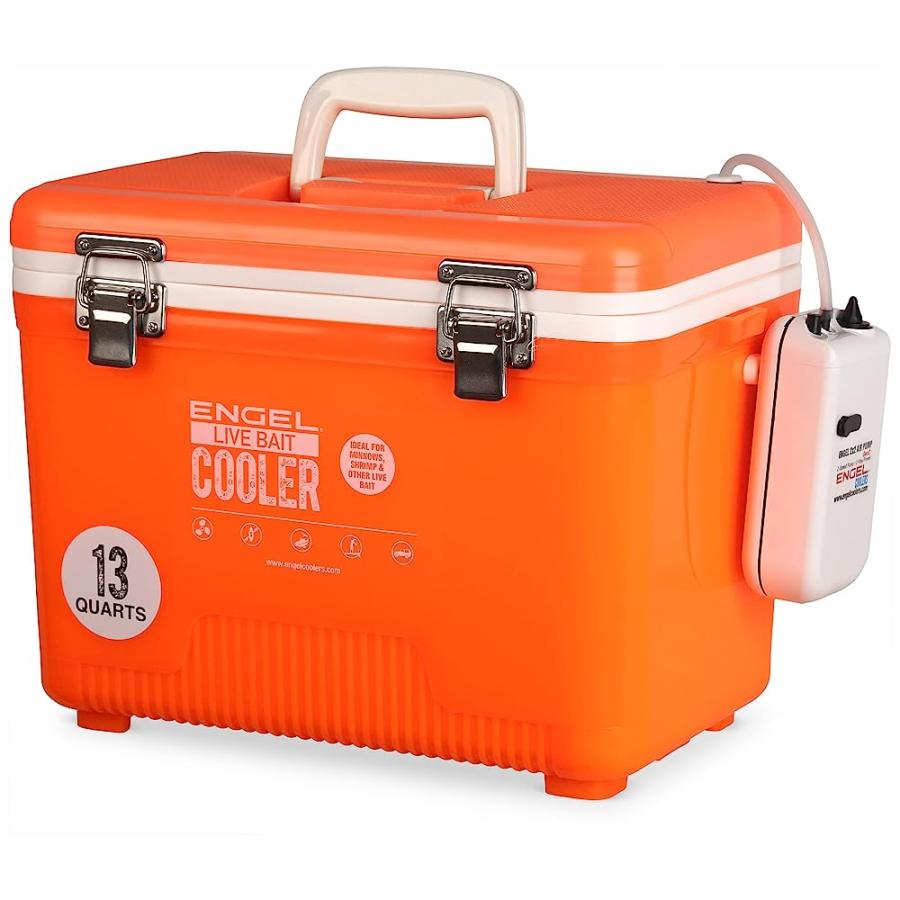 ENGEL ENGLBC13-N-OHV 13QT LIVE BAIT COOLER WITH 2ND GENERATION 2X2 PORTABLE AERATOR PUMP ORANGE |  | 02