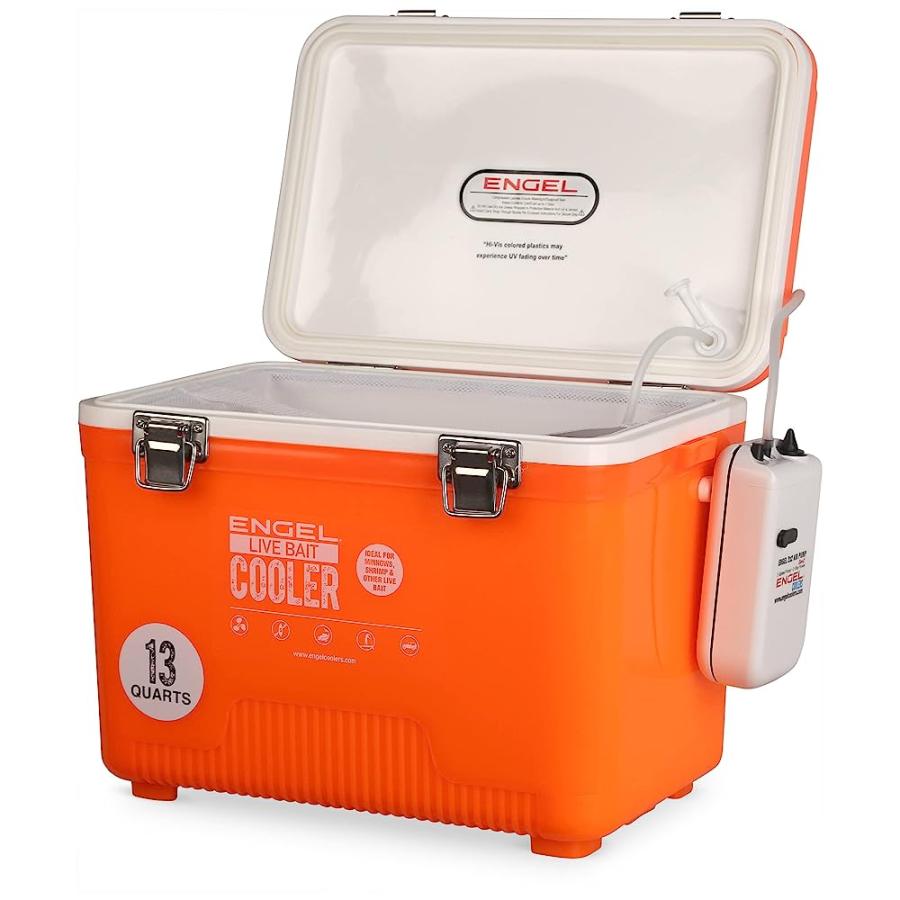 ENGEL ENGLBC13-N-OHV 13QT LIVE BAIT COOLER WITH 2ND GENERATION 2X2 PORTABLE AERATOR PUMP ORANGE |  | 03