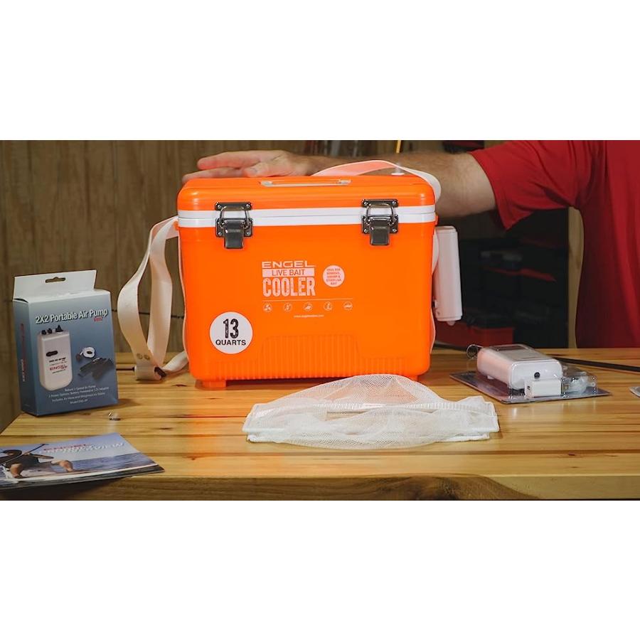 ENGEL ENGLBC13-N-OHV 13QT LIVE BAIT COOLER WITH 2ND GENERATION 2X2 PORTABLE AERATOR PUMP ORANGE |  | 05