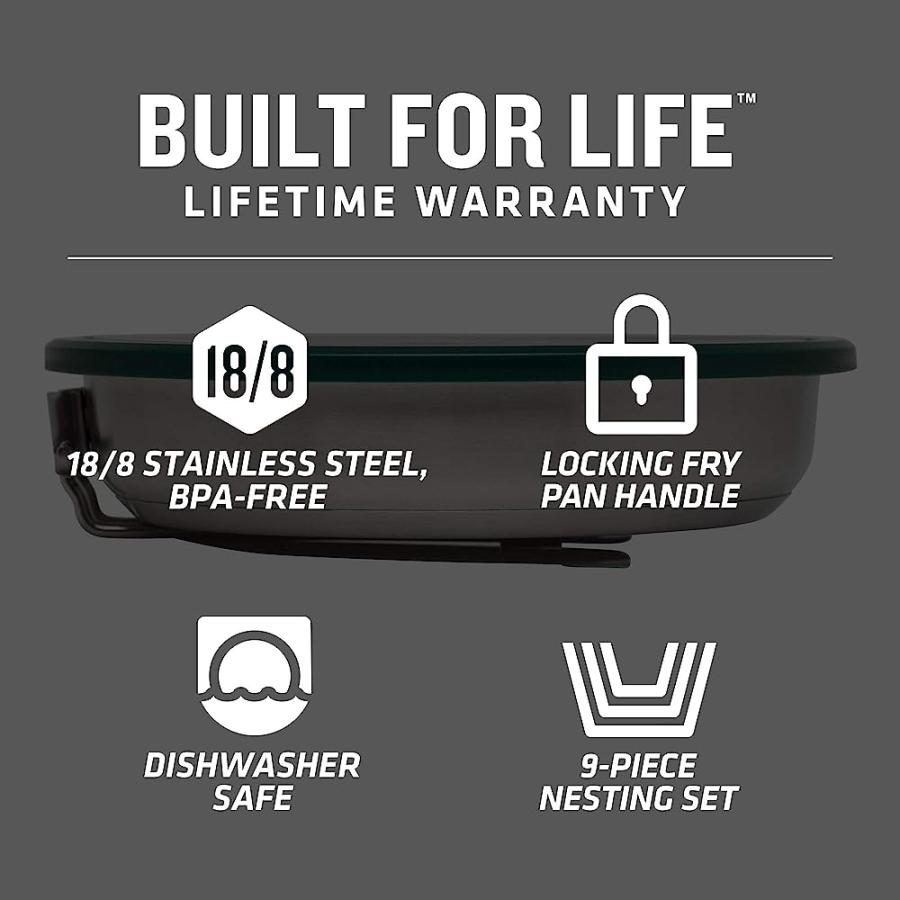 STANLEY ADVENTURE STAINLESS FRY PAN CAMP COOK SET, 9 PIECE CAMPING COOKWARE MESS KIT WITH STAINLESS PAN, COOKING UTENSILS, AND DISHES | STANLEY | 01