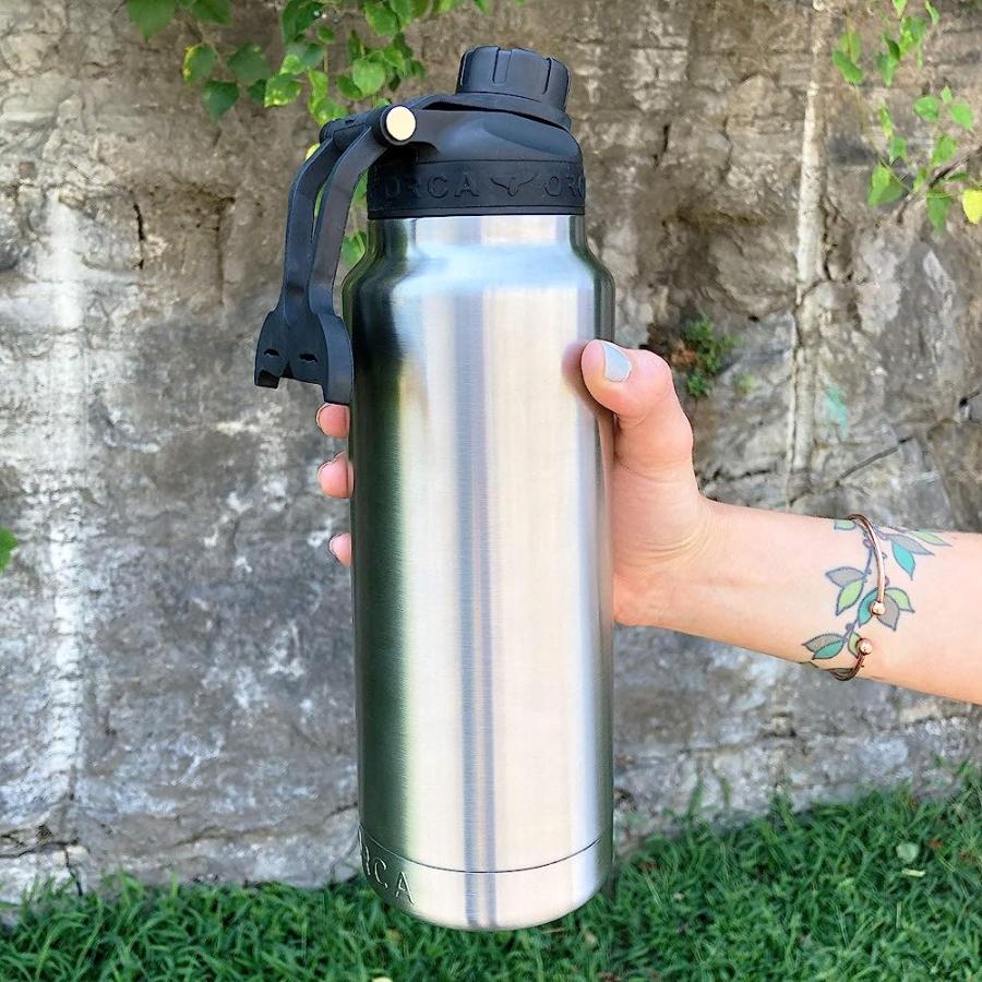 ORCA HYDRA 34 OZ. 18/8 STAINLESS STEEL INSULATED WATER BOTTLE, SCREW TOP SPORTS BOTTLE, POWDER COATED, WITH SILICONE GRIP WHALE TALE HANDLE, TOP | LES CREATIONS | 03