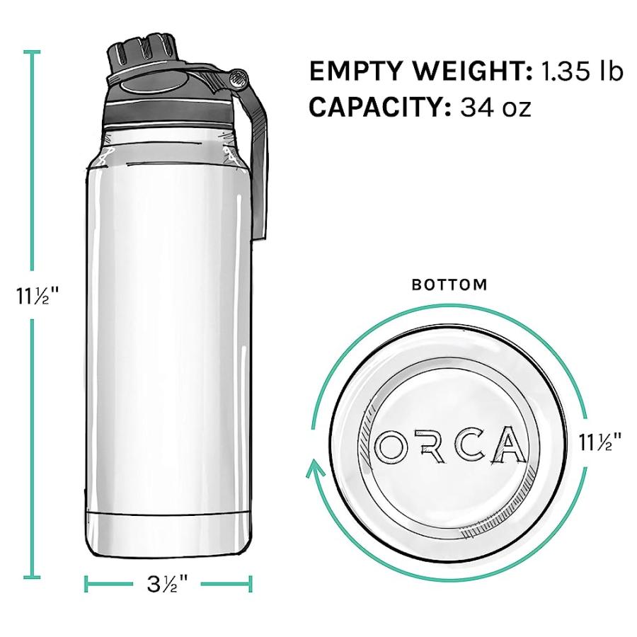 ORCA HYDRA 34 OZ. 18/8 STAINLESS STEEL INSULATED WATER BOTTLE, SCREW TOP SPORTS BOTTLE, POWDER COATED, WITH SILICONE GRIP WHALE TALE HANDLE, TOP | LES CREATIONS | 04