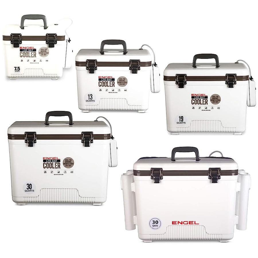 ENGEL 30QT LIVE BAIT COOLER BOX WITH 2ND GEN 2-SPEED PORTABLE AERATOR PUMP. FISHING BAIT STATION AND MINNOW BUCKET FOR SHRIMP, MINNOWS, AND OTHER |  | 01