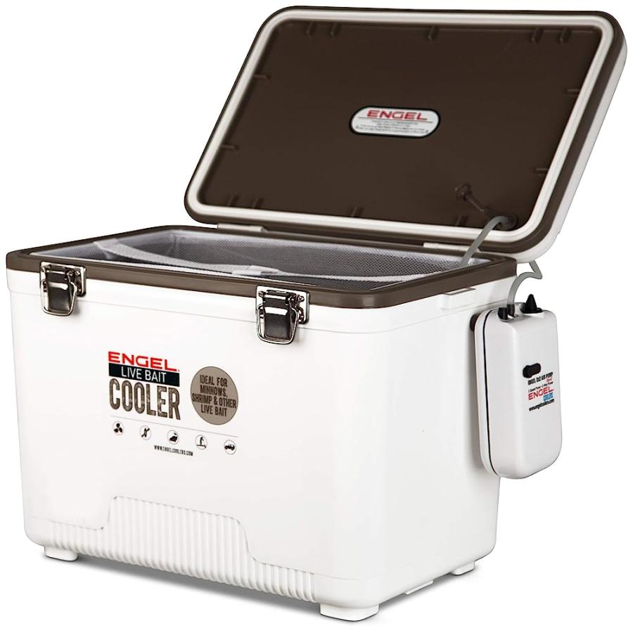 ENGEL 30QT LIVE BAIT COOLER BOX WITH 2ND GEN 2-SPEED PORTABLE AERATOR PUMP. FISHING BAIT STATION AND MINNOW BUCKET FOR SHRIMP, MINNOWS, AND OTHER |  | 02