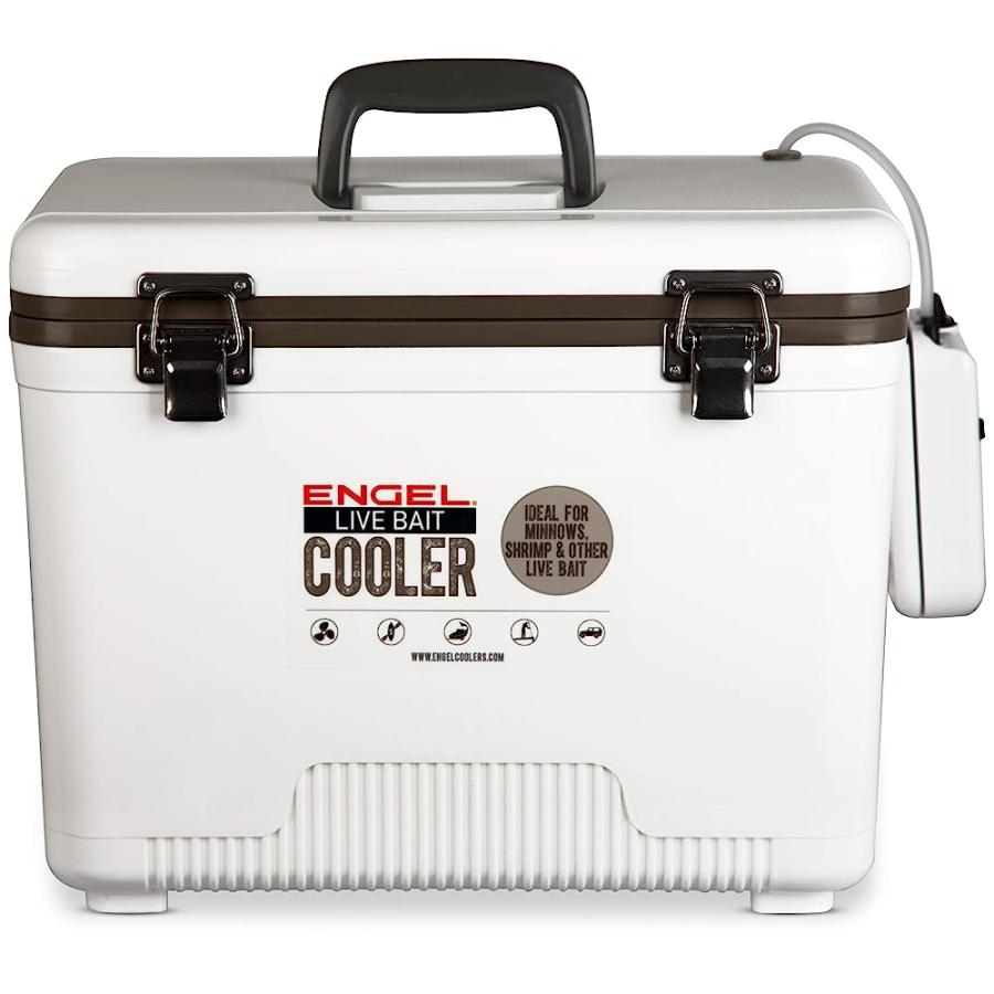 ENGEL 30QT LIVE BAIT COOLER BOX WITH 2ND GEN 2-SPEED PORTABLE AERATOR PUMP. FISHING BAIT STATION AND MINNOW BUCKET FOR SHRIMP, MINNOWS, AND OTHER |  | 04