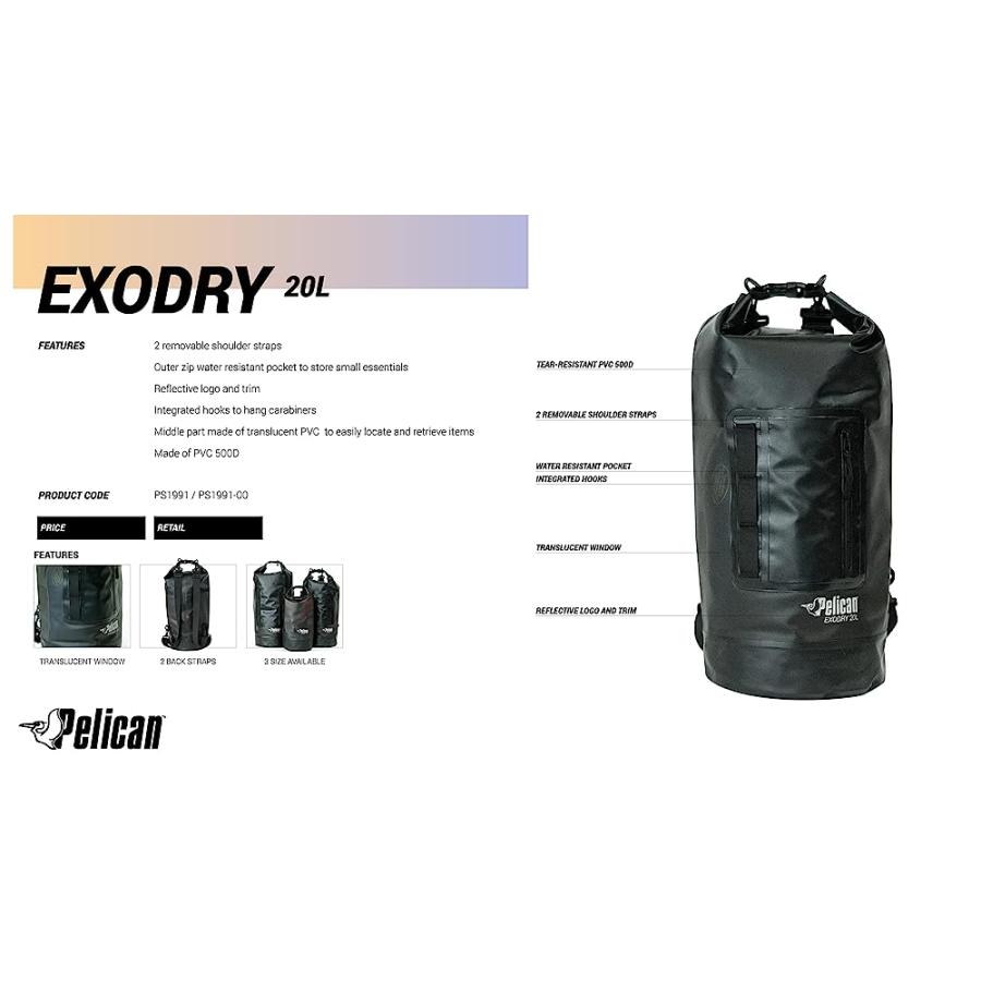 PELICAN EXODRY 20L MEDIUM DRYBAG BLACK WATERPROOF SHOULDER STRAPS THICK & LIGHTWEIGHT ROLL TOP DRY COMPRESSION KEEPS GEAR DRY FOR KAYAKING, RAFTI | PELICAN PRODUCTS | 06