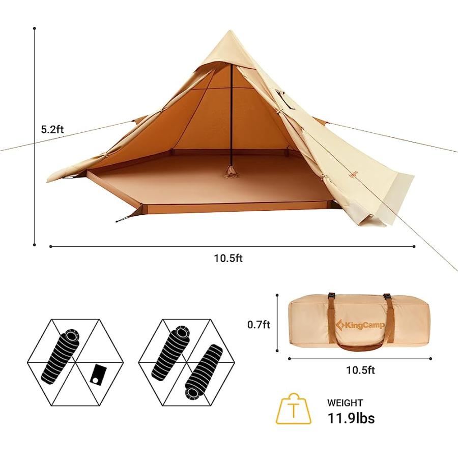 KINGCAMP TORINO HOT TENT WITH STOVE JACK WIND-PROOF CANVAS TENT FOR 4 SEASONS CAMPING TEEPEE HOT TENT WITH SNOW SKIRT HIKING HUNTING LUXURY CAMPI | KingCamp | 01