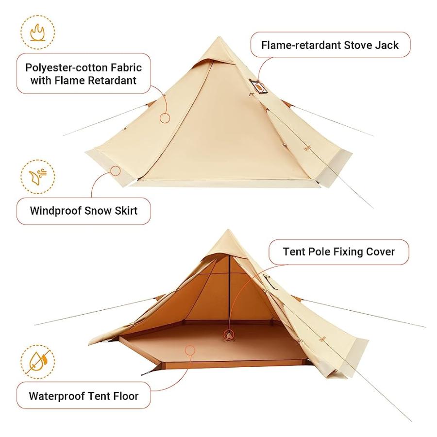 KINGCAMP TORINO HOT TENT WITH STOVE JACK WIND-PROOF CANVAS TENT FOR 4 SEASONS CAMPING TEEPEE HOT TENT WITH SNOW SKIRT HIKING HUNTING LUXURY CAMPI | KingCamp | 05