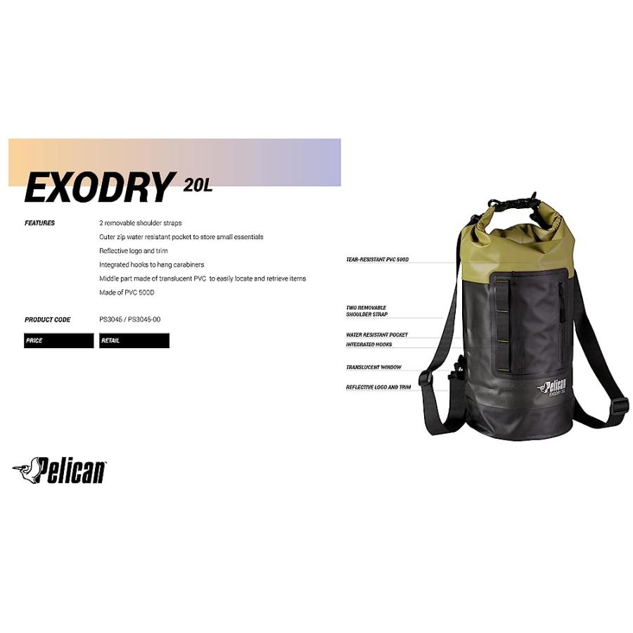 PELICAN EXODRY 20L MEDIUM DRYBAG BLACK WATERPROOF SHOULDER STRAPS THICK & LIGHTWEIGHT ROLL TOP DRY COMPRESSION KEEPS GEAR DRY FOR KAYAKING, RAFTI | PELICAN PRODUCTS | 06