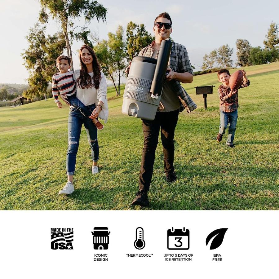 IGLOO 5 GALLON PORTABLE SPORTS COOLER WATER BEVERAGE DISPENSER WITH FLAT SEAT LID, GRAY, 4 QT | LES CREATIONS | 01