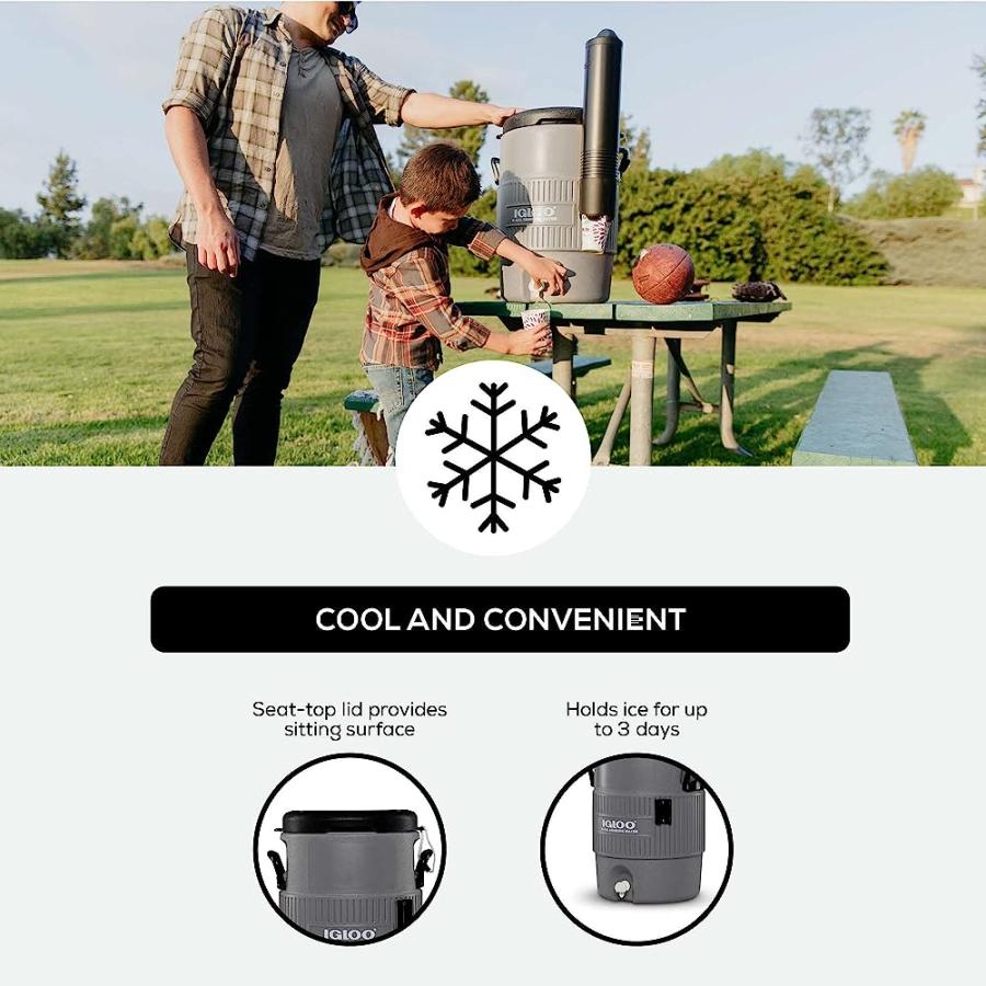 IGLOO 5 GALLON PORTABLE SPORTS COOLER WATER BEVERAGE DISPENSER WITH FLAT SEAT LID, GRAY, 4 QT | LES CREATIONS | 02