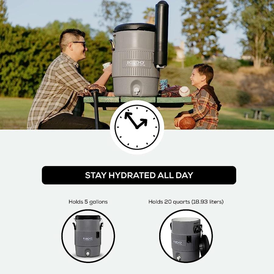 IGLOO 5 GALLON PORTABLE SPORTS COOLER WATER BEVERAGE DISPENSER WITH FLAT SEAT LID, GRAY, 4 QT | LES CREATIONS | 03