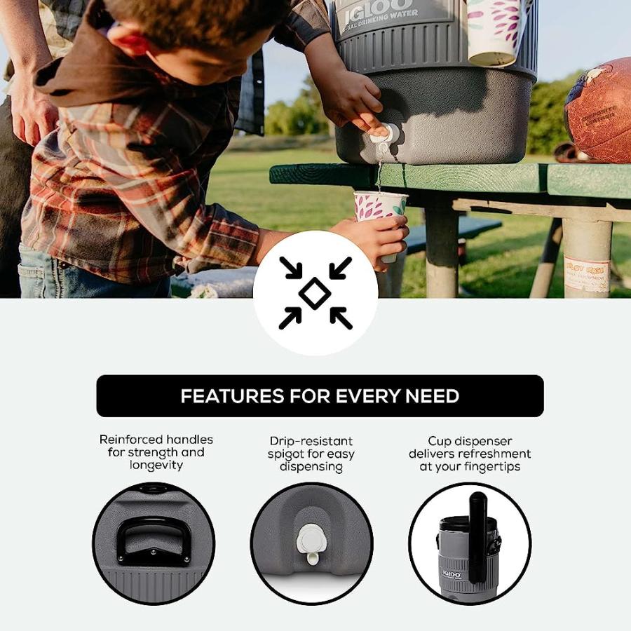 IGLOO 5 GALLON PORTABLE SPORTS COOLER WATER BEVERAGE DISPENSER WITH FLAT SEAT LID, GRAY, 4 QT | LES CREATIONS | 04