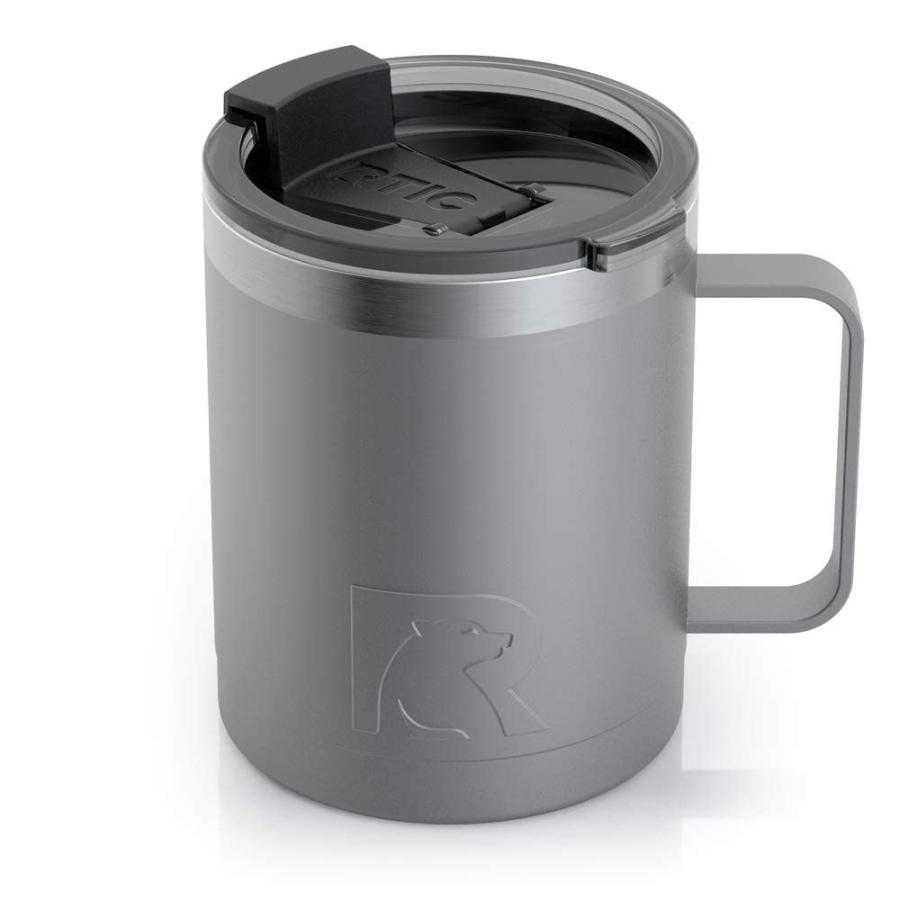 RTIC COFFEE MUG WITH HANDLE, 12 OZ, GRAPHITE, PORTABLE TRAVEL THERMAL CAMPING CUP, VACUUM-INSULATED WITH LID, STAINLESS STEEL, SWEAT PROOF, KEEPS | 